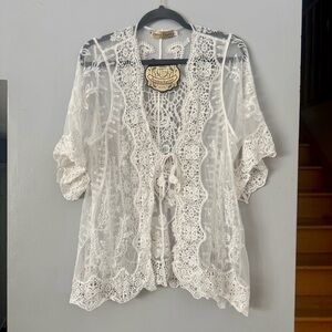 Jessica Taylor NYC Ivory Crochet Lace Boho Kimono Topper - OS